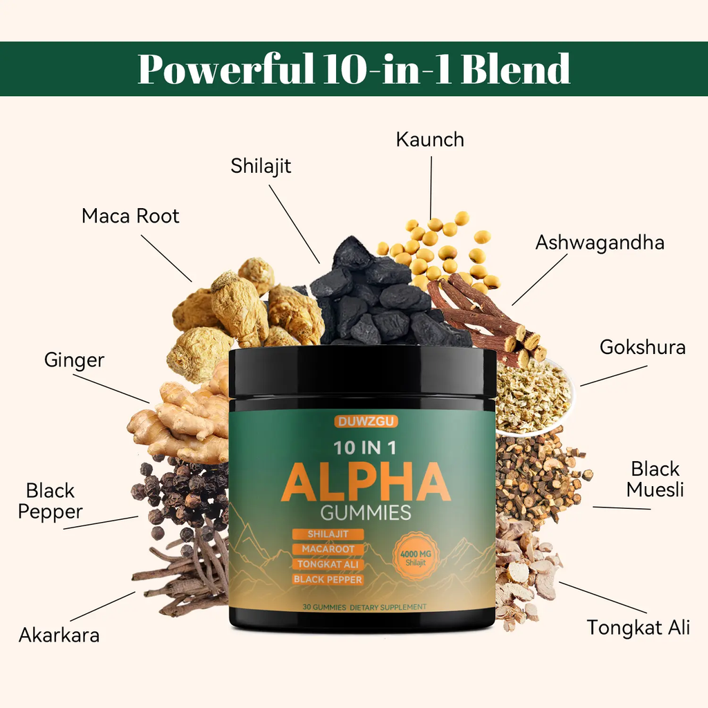 Alpha 10‑in‑1 Shilajit Gummies – Zero‑Sugar Vegan Adaptogen Blend with Ashwagandha, Tongkat Ali & Maca for Focus and Everyday Vitality