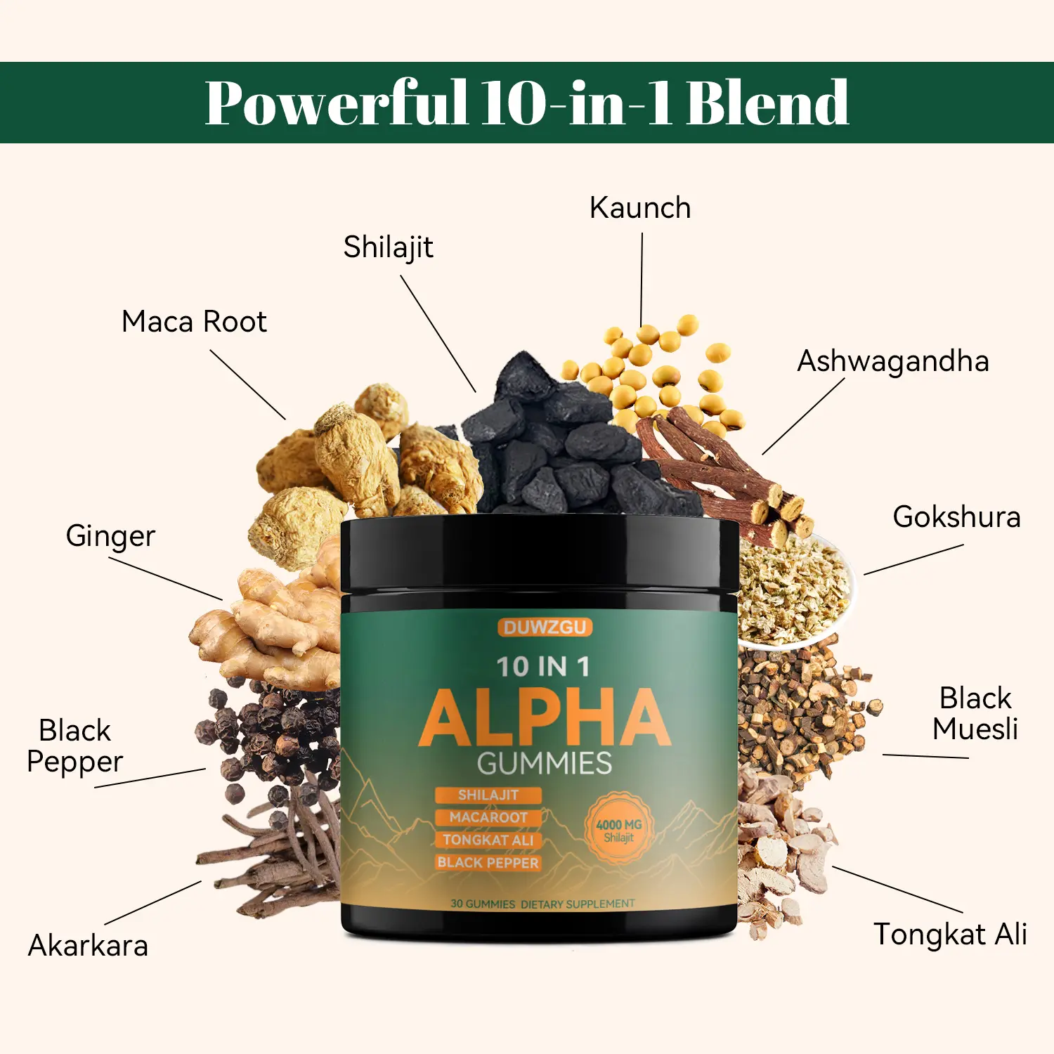 Alpha 10‑in‑1 Shilajit Gummies – Zero‑Sugar Vegan Adaptogen Blend with Ashwagandha, Tongkat Ali & Maca for Focus and Everyday Vitality